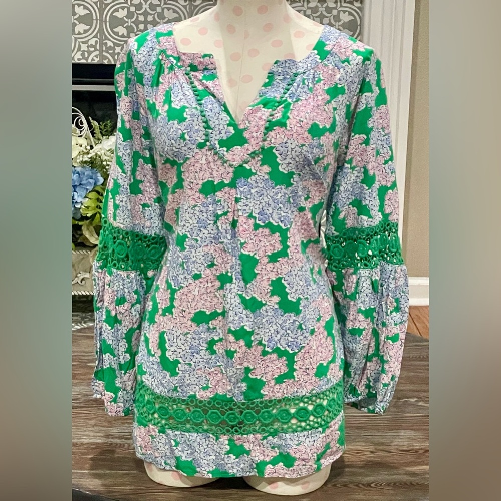 CROWN & IVY Green Icon Peasant Blouse- Hydrangea Print - XL -NWT -Style 726X051
